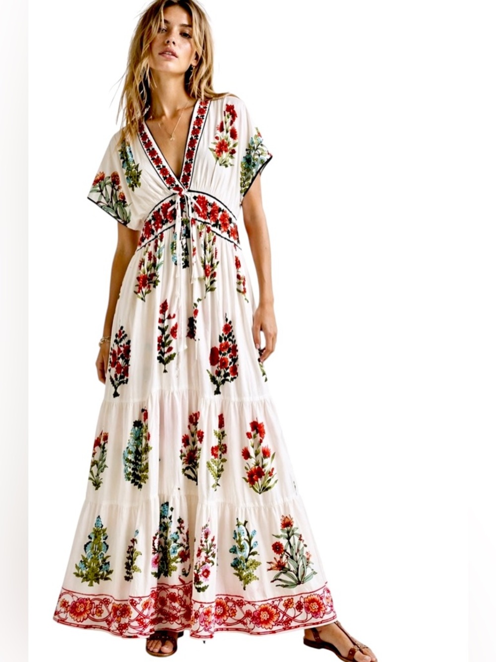 Bindu – Floral Maxi Dress – Ivory Red Boho Print Tie Front Tiered – Sz. XS